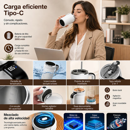 Taza Mezcladora Magnética Recargable USB - Acero Inoxidable