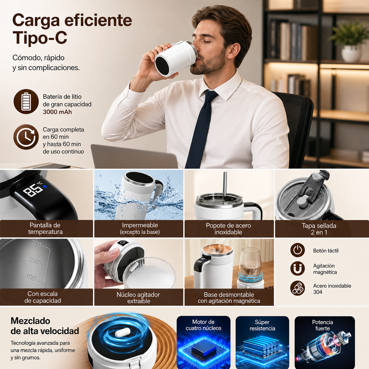 Taza Mezcladora Magnética Recargable USB - Acero Inoxidable