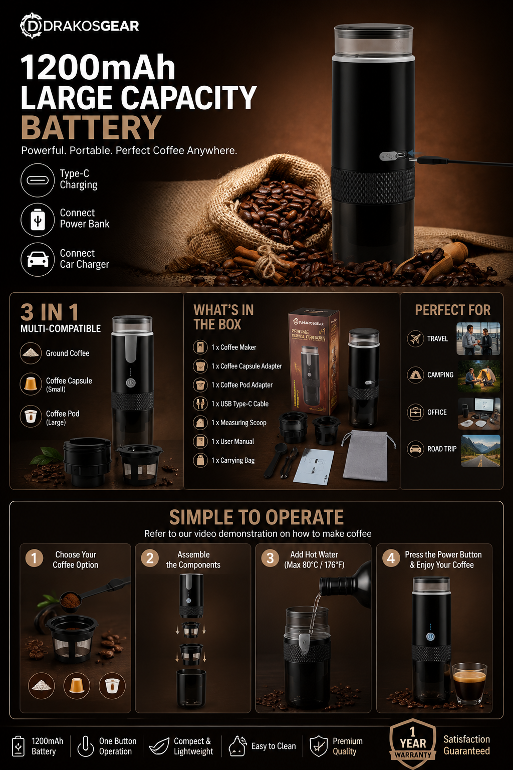 ☕Cafetera Portátil 3 en 1 | Compatible con Café Molido y Cápsulas K-Cup