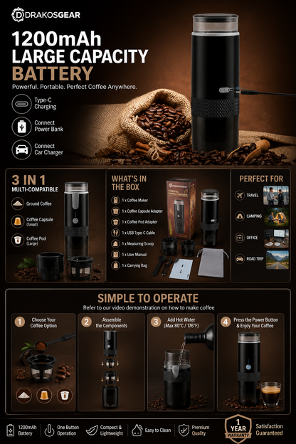 ☕Cafetera Portátil 3 en 1 | Compatible con Café Molido y Cápsulas K-Cup